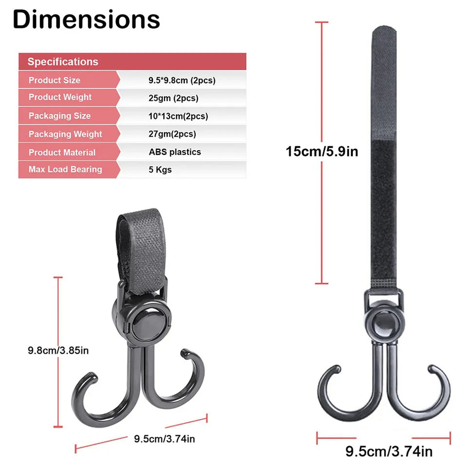 Sunveno 360° Universal Multipurpose Stroller Hook Pack of 2 (Black)