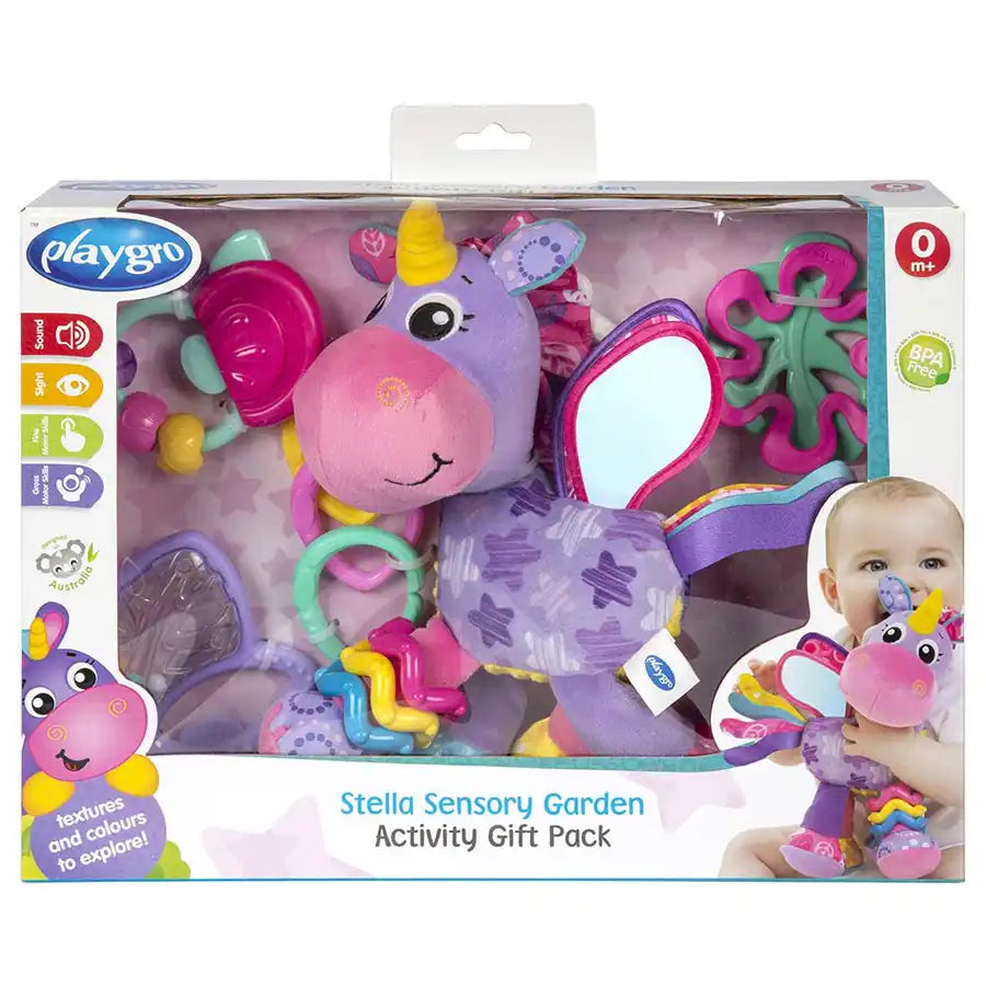 Playgro Garden Activity Set – 4 Juguetes Sensoriales Para Bebés – Mordedores, Sonajeros Y Clip Para Cochecito – Estimula Vista, Tacto Y Oído