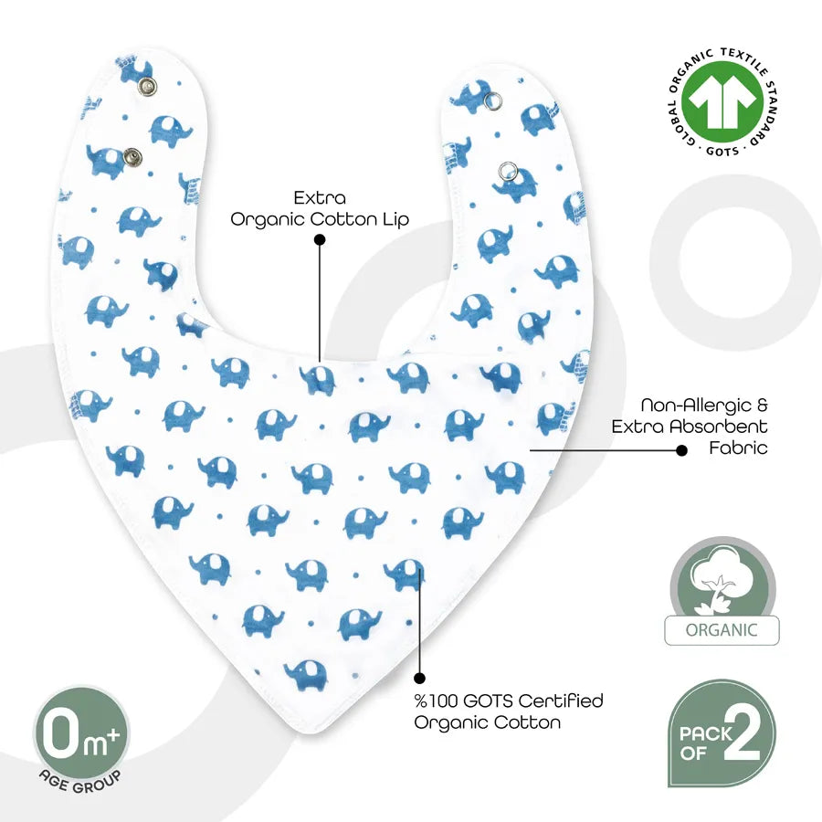 Moon Organic Bandana Bibs Regular (Pack of 2) Elephant & Blue