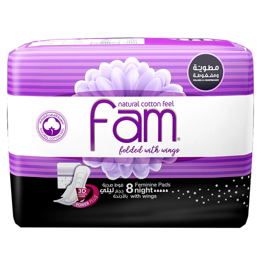 Fam Maxi Thick Folded Night Sanitary Pads with Wings (8 Pads)
