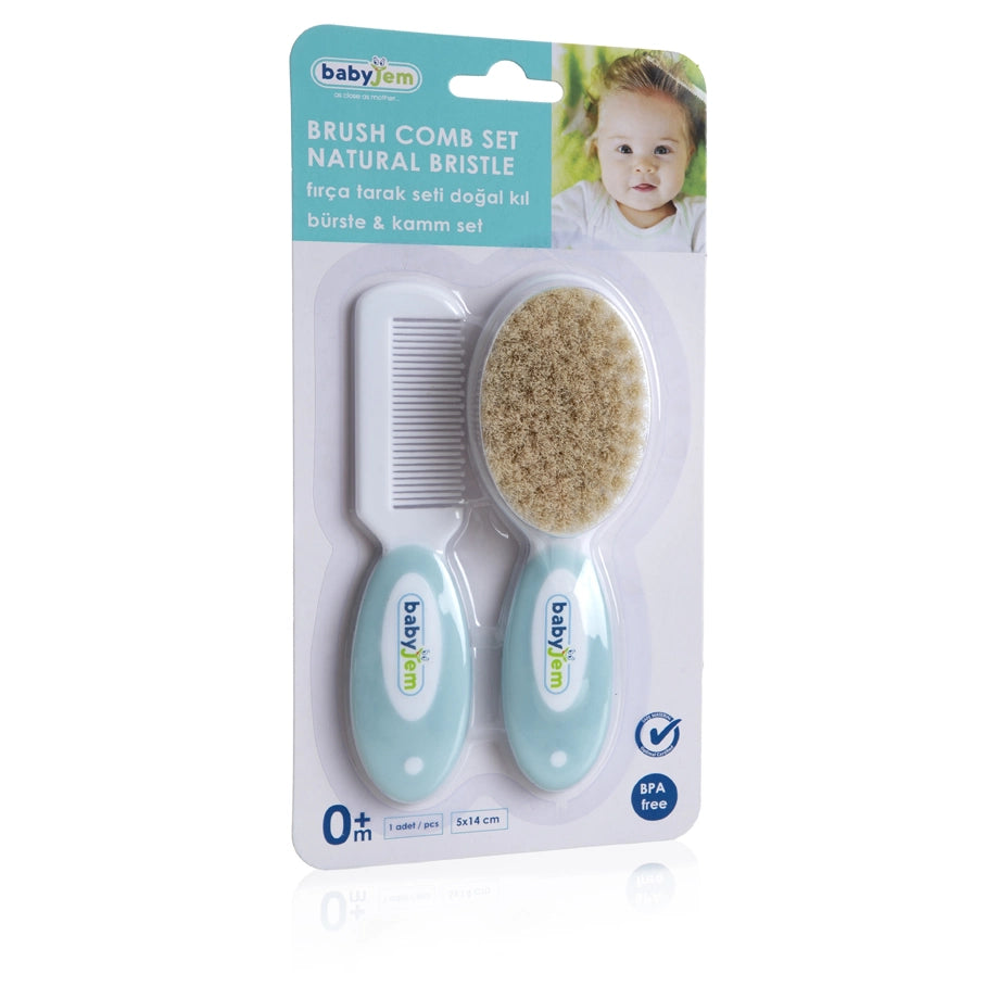 Babyjem 2-Piece Brush & Comb Set with Natural Bristle for Babies (Blue), 0 Months+