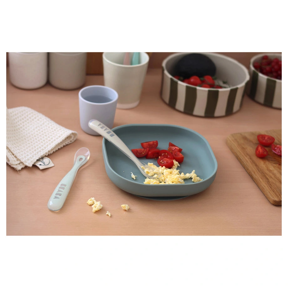Beaba Silicone Spoon 1st Age Set of 2 + Box (Clay Misty Green Duo)