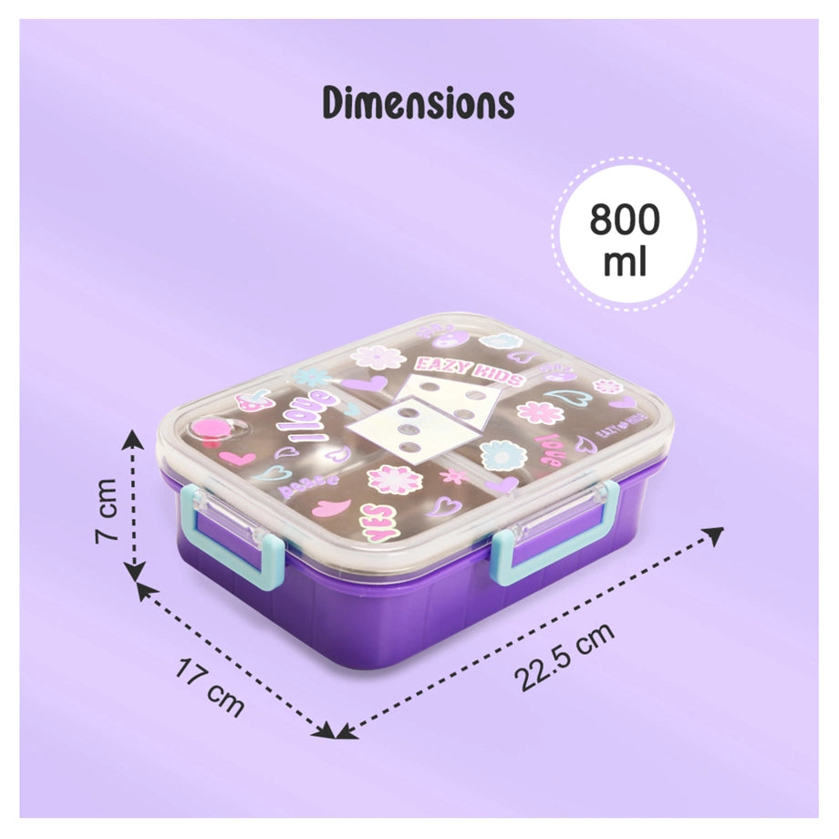 Eazy Kids 3 Compartment Stainless Steel bento Lunch Box 800ml (Floral Purple)
