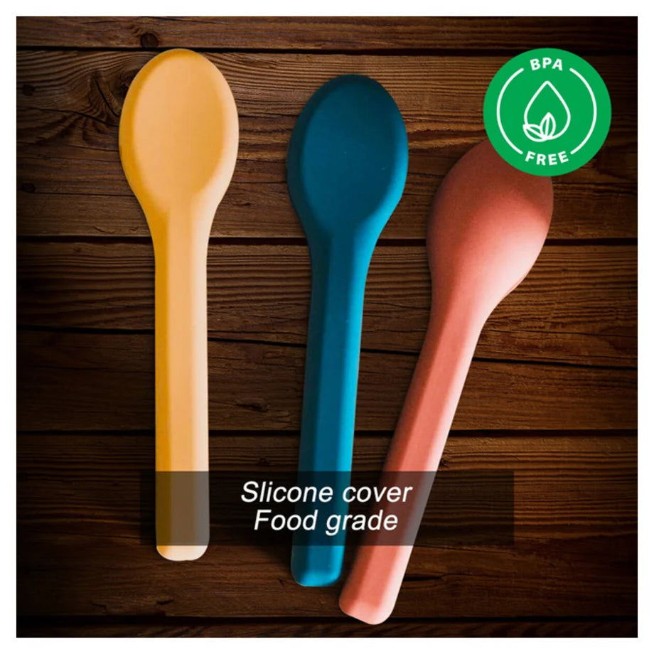 Eazy Kids Cutlery Set Stainless Steel Spoon, Fork & Knife with Silicone Case (Yellow)