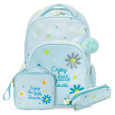 Eazy Kids 17" School Bag Set of 3 w/Lunch Bag and Pencil Pouch (Little Daisy Green)