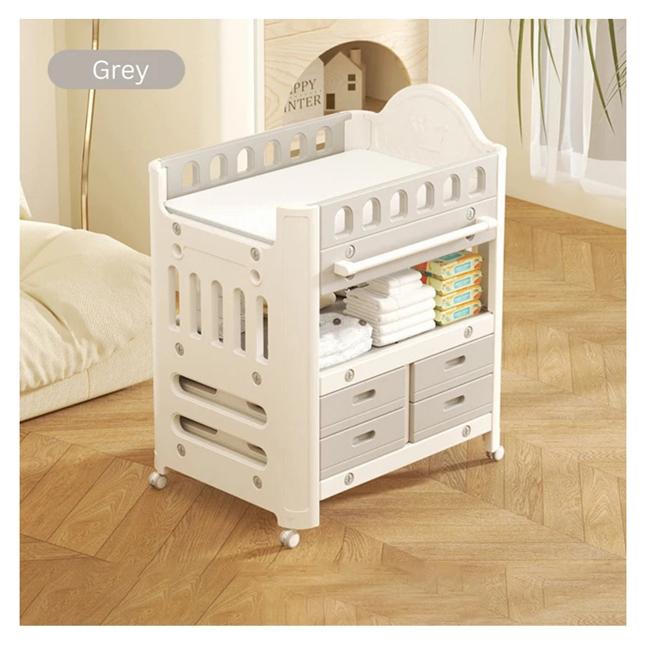 Baby Diaper Changing Table With Wheels Nursery Storage Organizer Drawers (Grey)