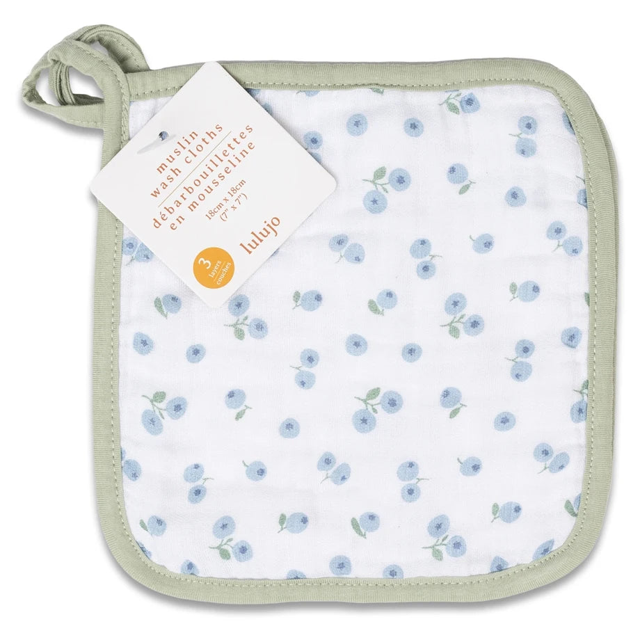 Lulujo 3 Pack Wash Cloths (Blueberries, White & Greenery)