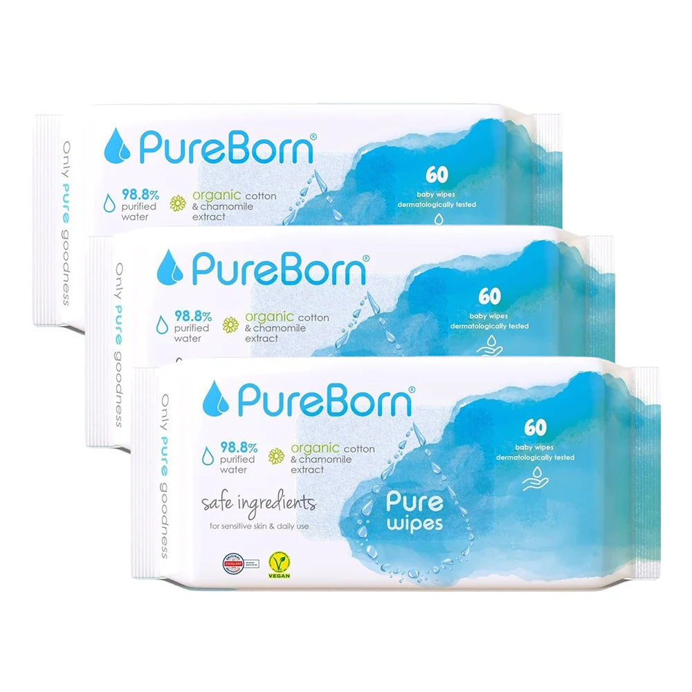 PureBorn Organic Cotton & Chamomile Extract Pure Wipes 60s X 3