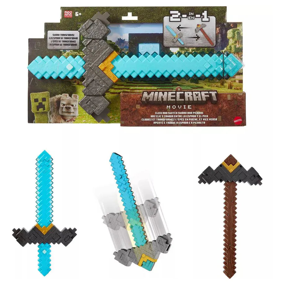 Minecraft Movie Click And Switch Sword And Pickaxe Roleplay 2-In-1 Toy