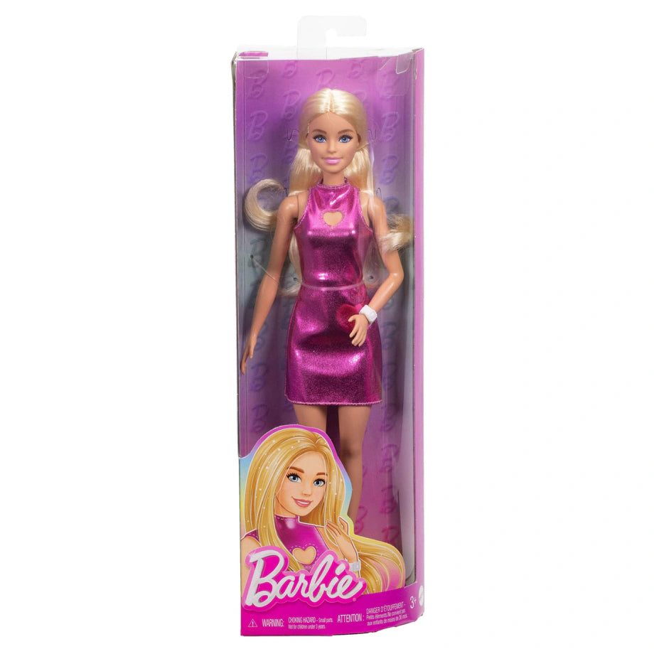 Barbie Fashionistas Doll – Metallic Pink Heart Dress, Blonde Hair (30 cm)