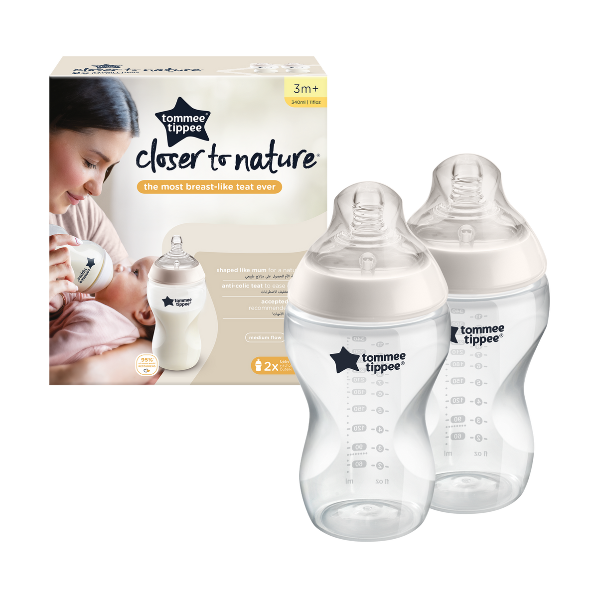 Tommee Tippee Closer to Nature Feeding Bottle, 340ml x 2 (Clear