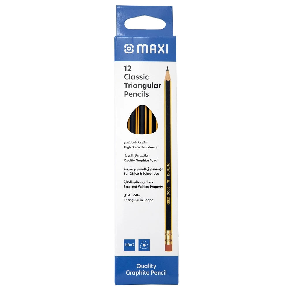Maxi - Classic Triangular Graphite Pencil HB w/ Eraser Tip Pack of 12
