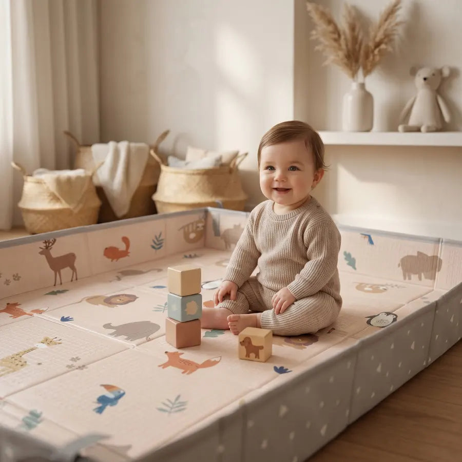 Snuggle Reversible Crawling Mat with Fence (Animals)