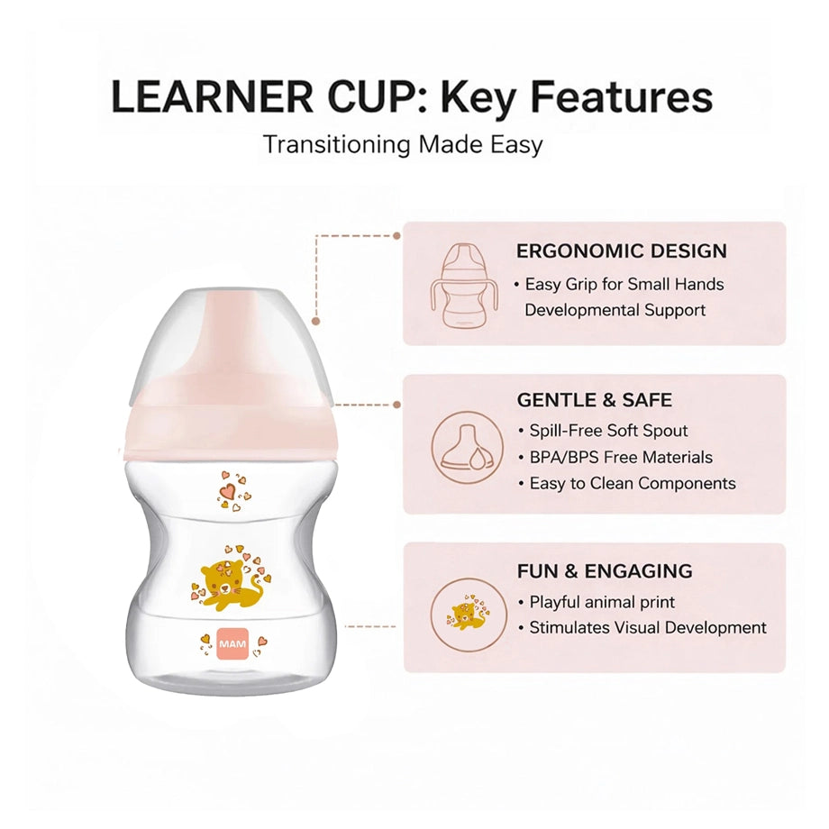 Mam Baby Learn To Drink Cup - 6M+ - 190Ml Pack Of 1 (Wild Animals Pink)