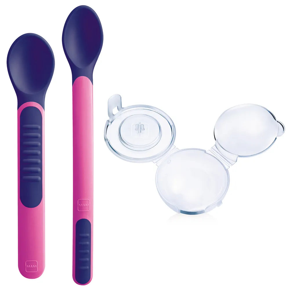 Mam Baby Feeding Spoons & Cover - 6M+ Pack Of 3 (Pink/Purple)