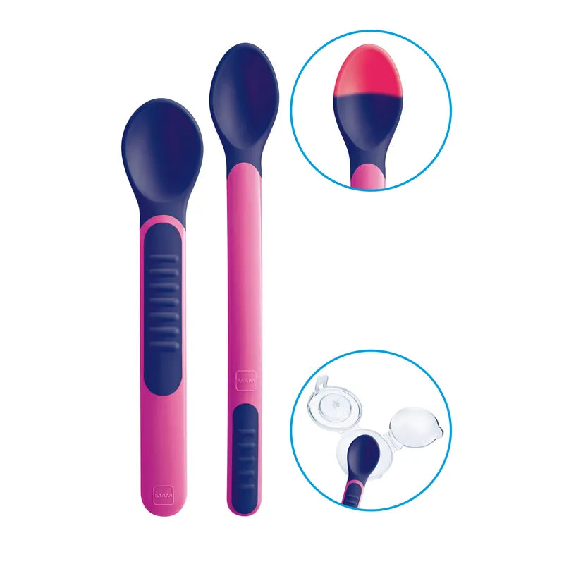 Mam Baby Feeding Spoons & Cover - 6M+ Pack Of 3 (Pink/Purple)