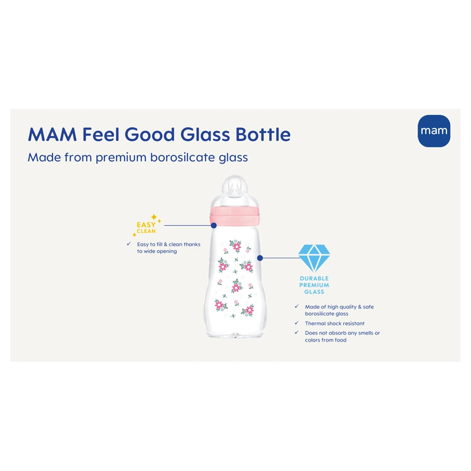 Mam Baby Feel Good Glass Bottle - 2M+ - 260Ml Pack Of 1 (Sealife Blue)