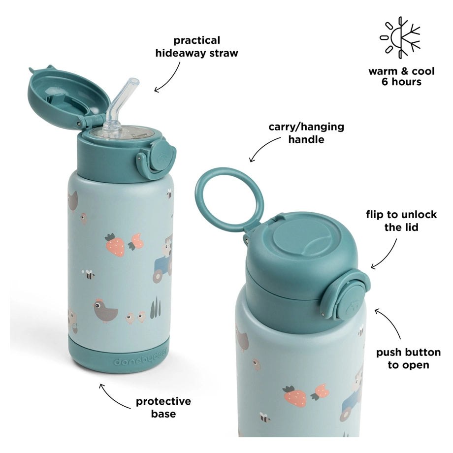 Done By Deer Insulated Straw Bottle Tiny Farm (Blue, 340 ml)