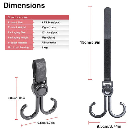 Sunveno 360° Universal Multipurpose Stroller Hook Pack of 2 (Black)