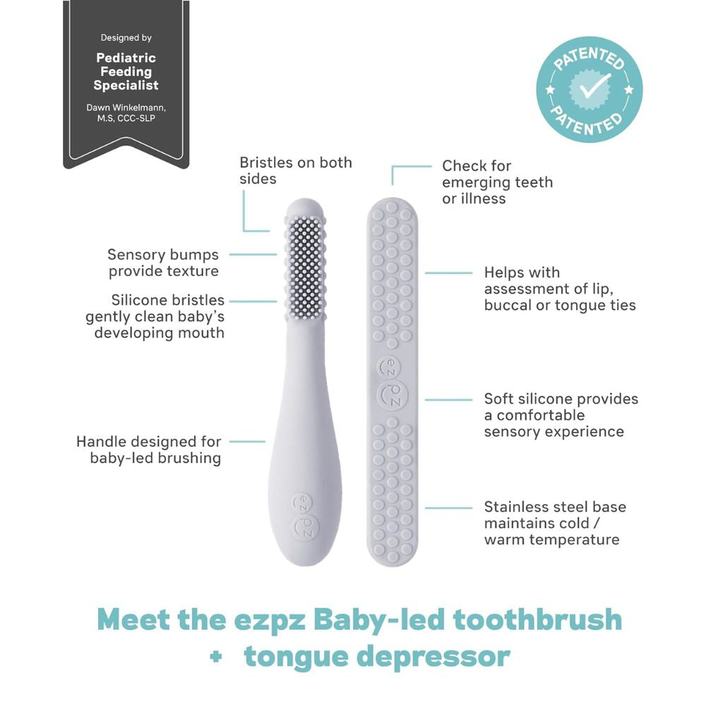 ezpz Baby-Led Toothbrush + Sensory Tongue Depressor Dual Pack (Pewter)