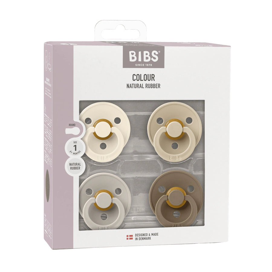 Bibs Pacifier Colour 4 Pack Latex Size 1 Ivory/Sand/Vanilla/Dark Oak