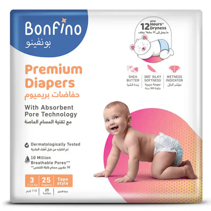 Bonfino Premium Tape Style Diaper Size 3 Medium - 25pcs