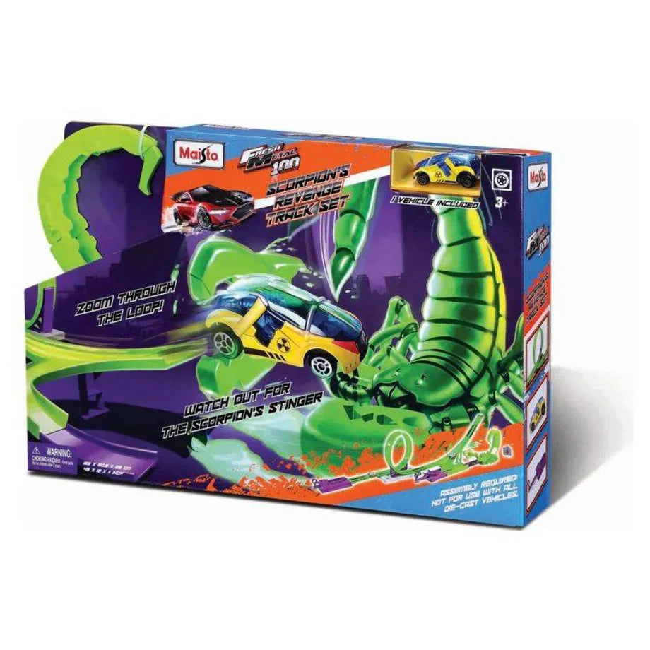 Maisto Fresh Metal 100 Scorpion’s Revenge Track Set with Die-cast Car (1:64, Green/Yellow)