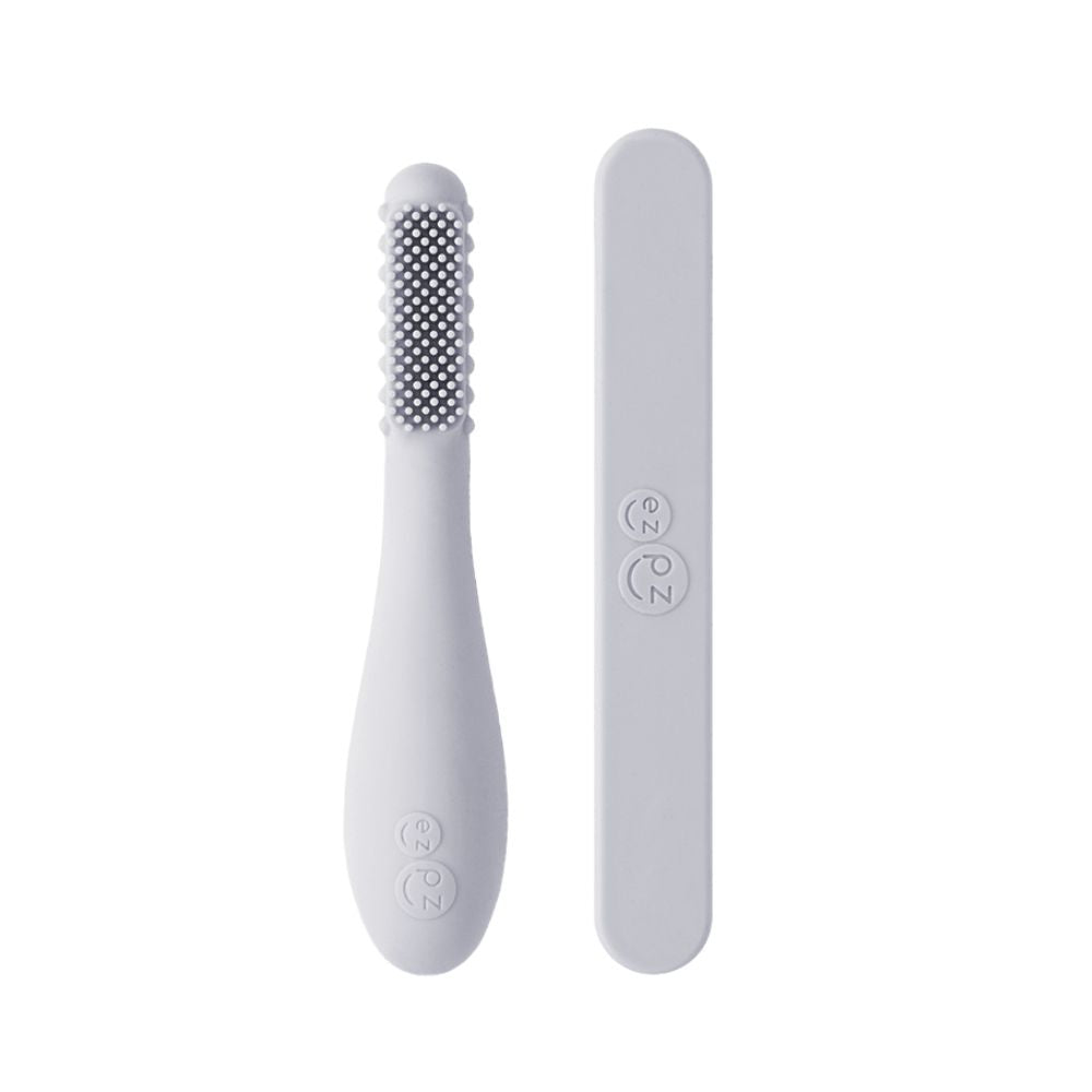 ezpz Baby-Led Toothbrush + Sensory Tongue Depressor Dual Pack (Pewter)