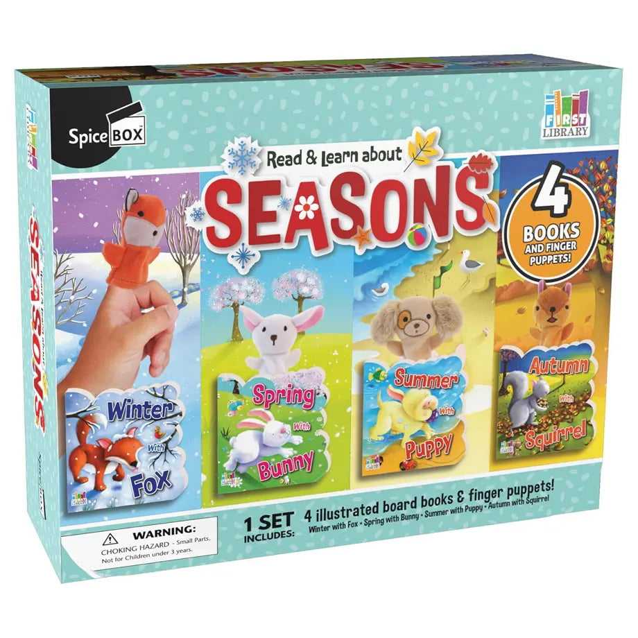 SpiceBox First Library Read & Learn About Seasons Illustrated Board Books & Finger Puppets! Playset (Hardcover, Set of 4)