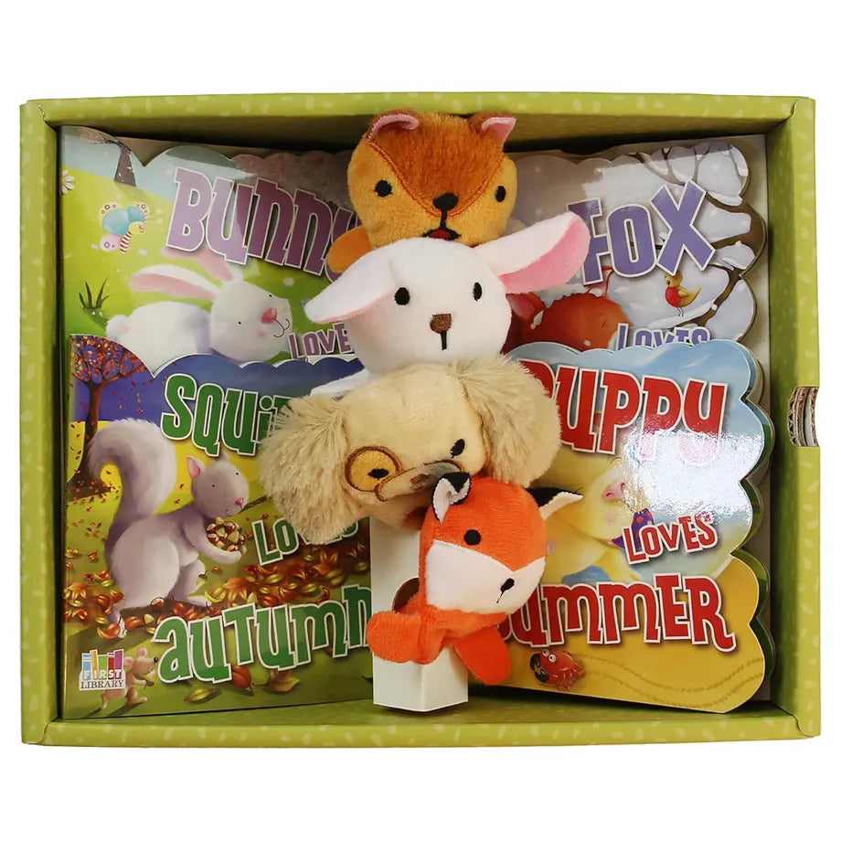 SpiceBox First Library Read & Learn About Seasons Illustrated Board Books & Finger Puppets! Playset (Hardcover, Set of 4)