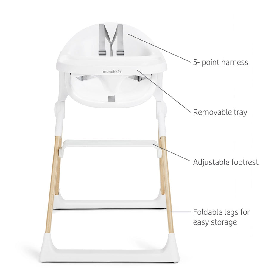 Munchkin Float Foldable High Chair with Wooden Legs (White)
