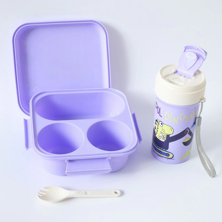 Fab N Funky Dinosaur Printed Lunch Box and Water Bottle Set 3pcs (Purple)