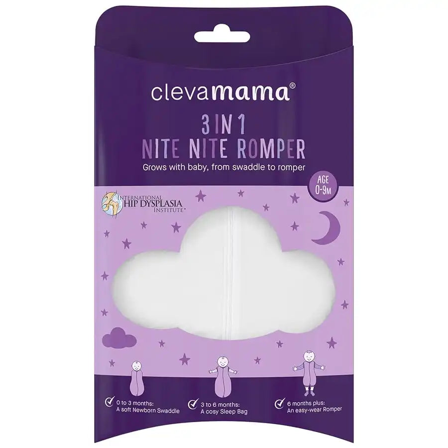 Clevamama 3 in 1 Nite Nite Romper & Sleeping Bag 1 Tog - White (0-9m)