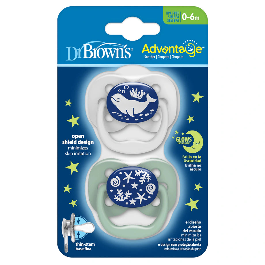 Dr. Brown's Advantage Glow in The Dark Pacifiers, Stage 1 pack of 2 (Blue)
