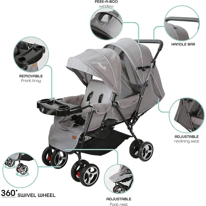 Moon Magnum Tandem Easy Fold Twin Travel Stroller (Light Grey)