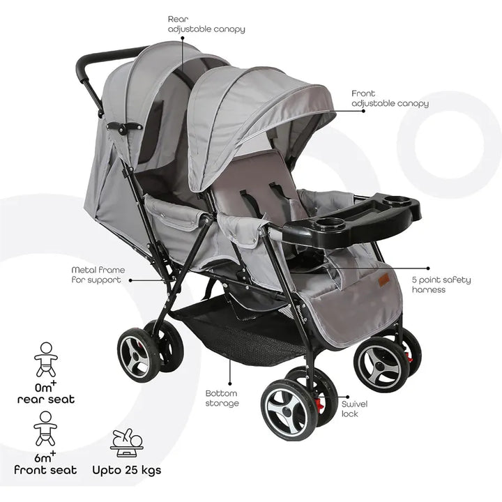 Moon Magnum Tandem Easy Fold Twin Travel Stroller (Light Grey)