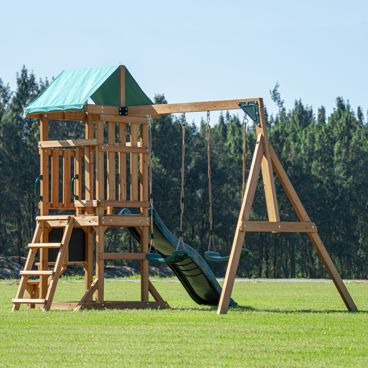 Mount Peak Taschhorn Wooden Swing Set with Slide & Playhouse
