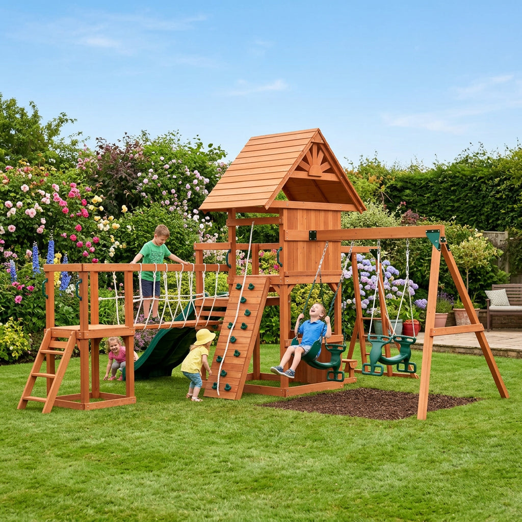 Mountpeak Double Decker Everest Swing Set & Playhouse With Wooden Roof