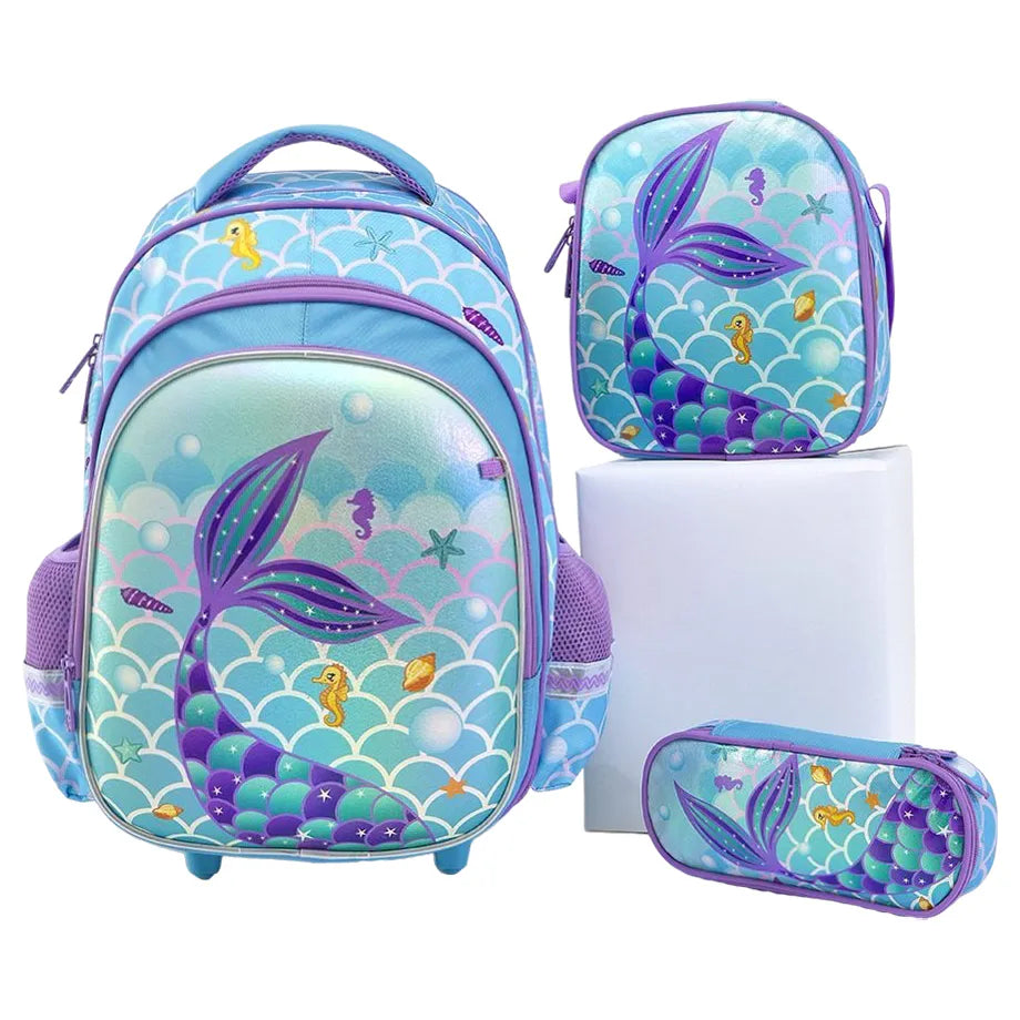 حقيبة ظهر بتصميم سمكة فاب إن فانكي مع حقيبة غداء وحقيبة أقلام، 3 قطع، مقاس 17 بوصة (أزرق-أرجواني)