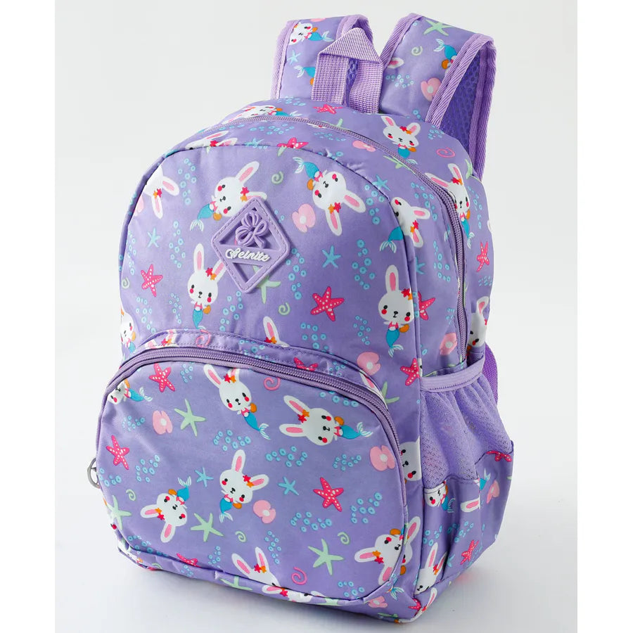 Fab N Funky All Over Mermaid with Bunny Face Printed Backpack 15”(Purple)