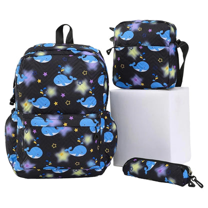 Fab N Funky All Over Whales Printed Backpack Lunch Bag and Pencil Case Set 17”(Blue-Black)