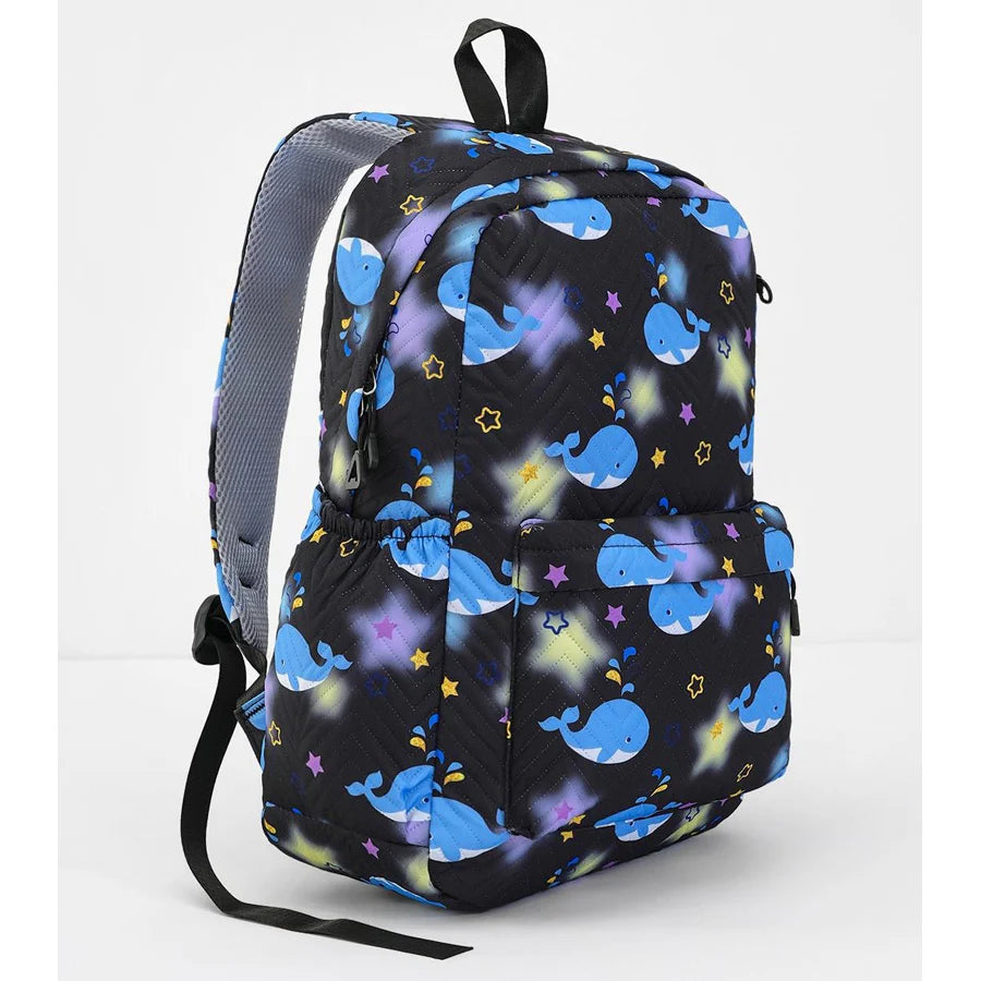 Fab N Funky All Over Whales Printed Backpack Lunch Bag and Pencil Case Set 17”(Blue-Black)
