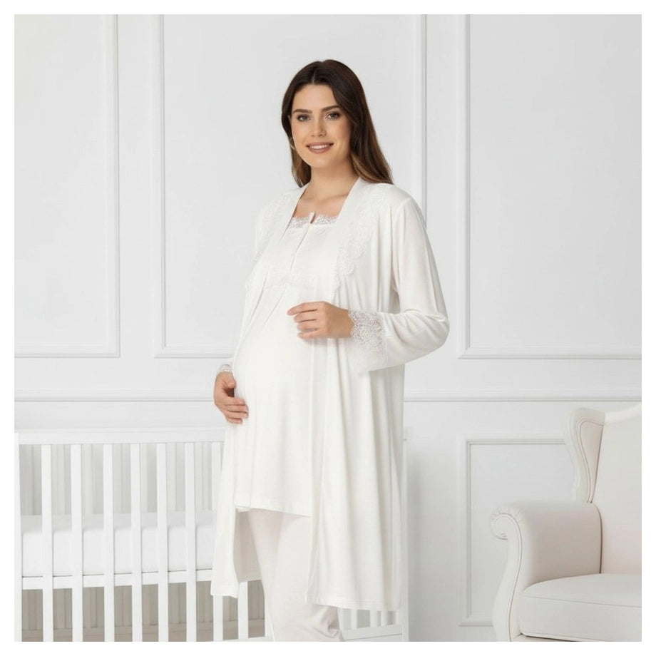 Mini Plum Pyjama & Robe Set Maternity & Nursing (White)
