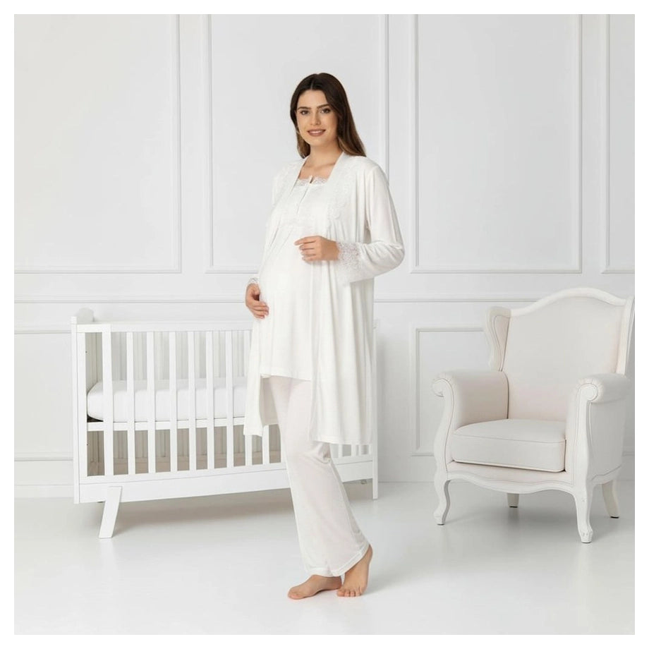 Mini Plum Pyjama & Robe Set Maternity & Nursing (White)