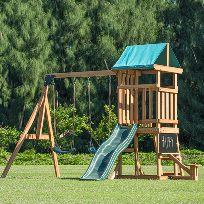 Mount Peak Taschhorn Wooden Swing Set with Slide & Playhouse