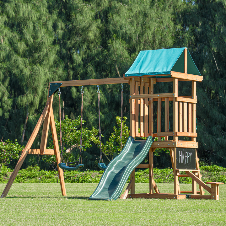 Mount Peak Taschhorn Wooden Swing Set with Slide & Playhouse