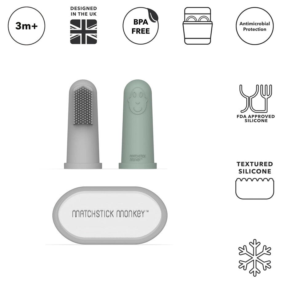 Matchstick Monkey Finger Toothbrush and Case Pack of 2 (Grey and Mint Green) Matchstick Monkey Finger Toothbrush and Case Pack of 2 (Grey and Mint Green)