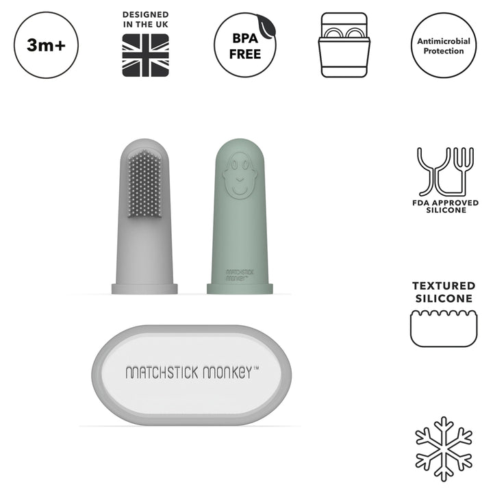 Matchstick Monkey Finger Toothbrush and Case Pack of 2 (Grey and Mint Green)