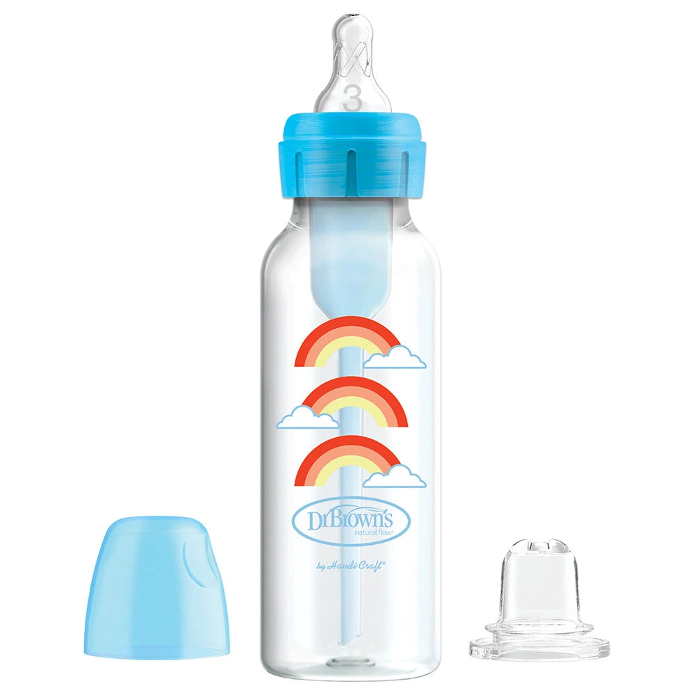 8 oz/250 ml PP Narrow Options+ Bottle to Sippy Starter Kit, (Blue Rainbows,+L3 Nipple)