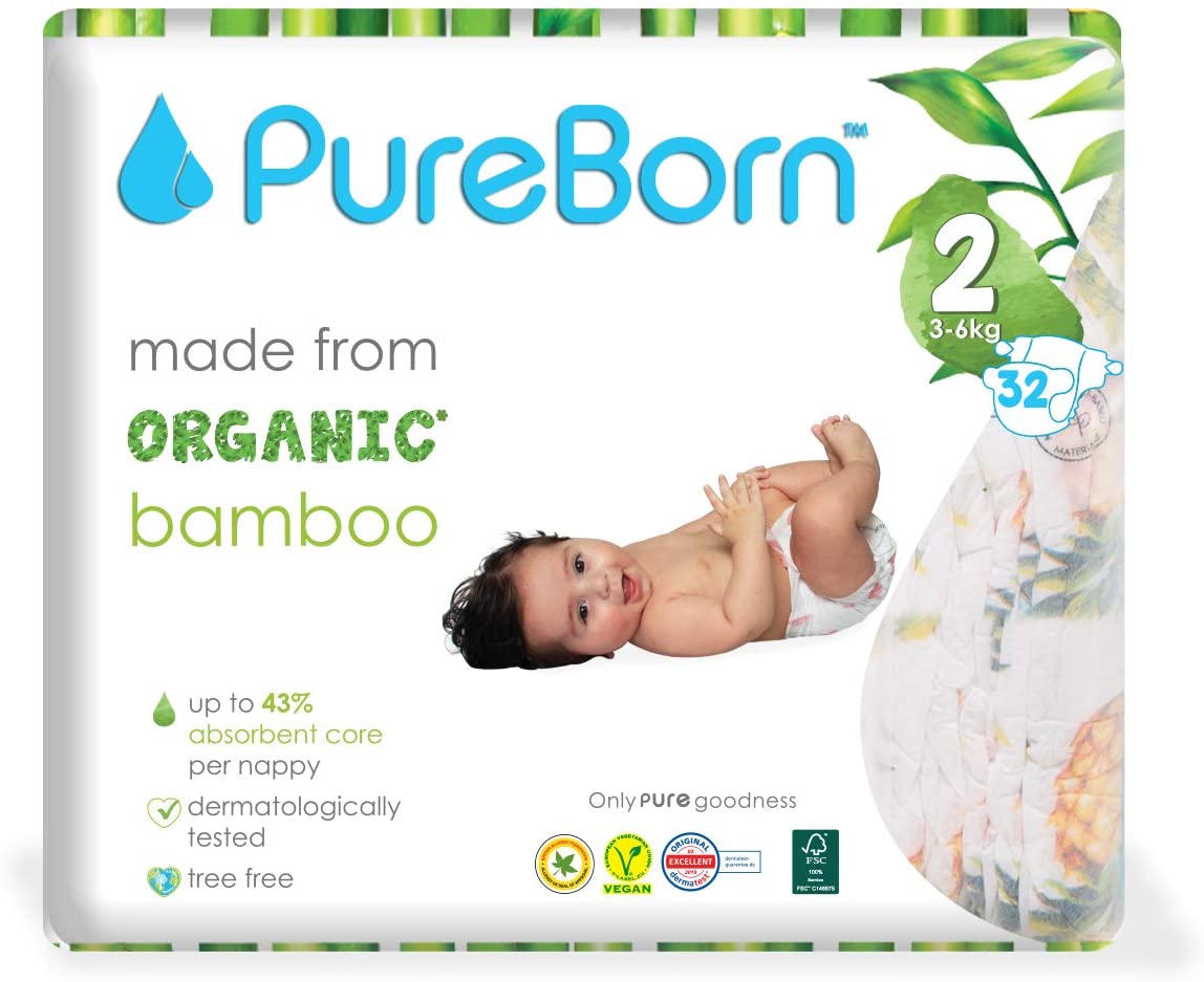 Pure Born Organic Bamboo Diapers Size 2- (Pack of 32)
